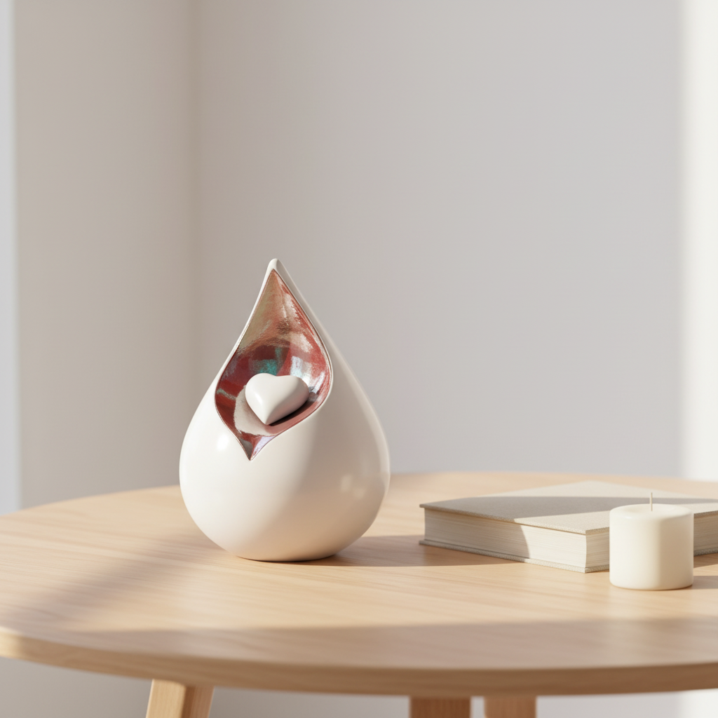 Keramik Urne weißrot Celest in Tropfenform mit Herz