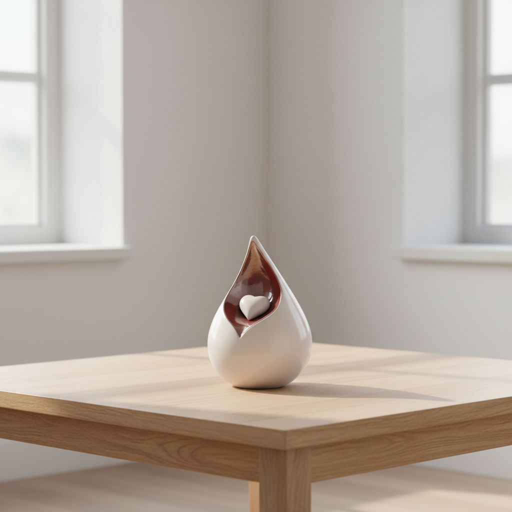 Keramik Miniurne weißrot Celest in Tropfenform mit Herz