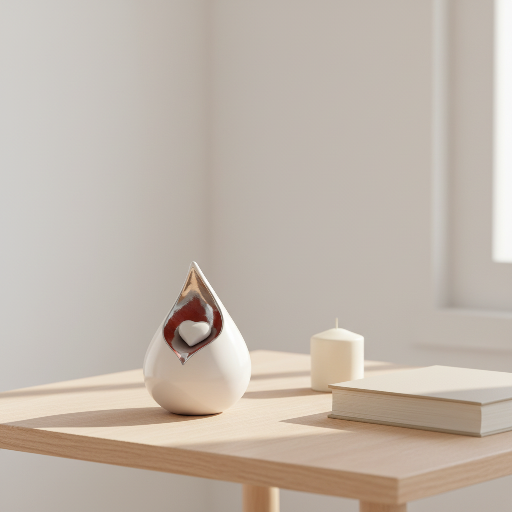 Keramik Miniurne weißrot Celest in Tropfenform mit Herz