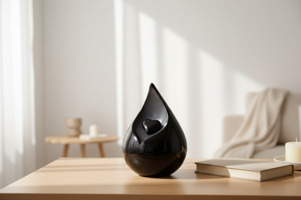 Keramik Urne schwarz Celest in Tropfenform mit Herz