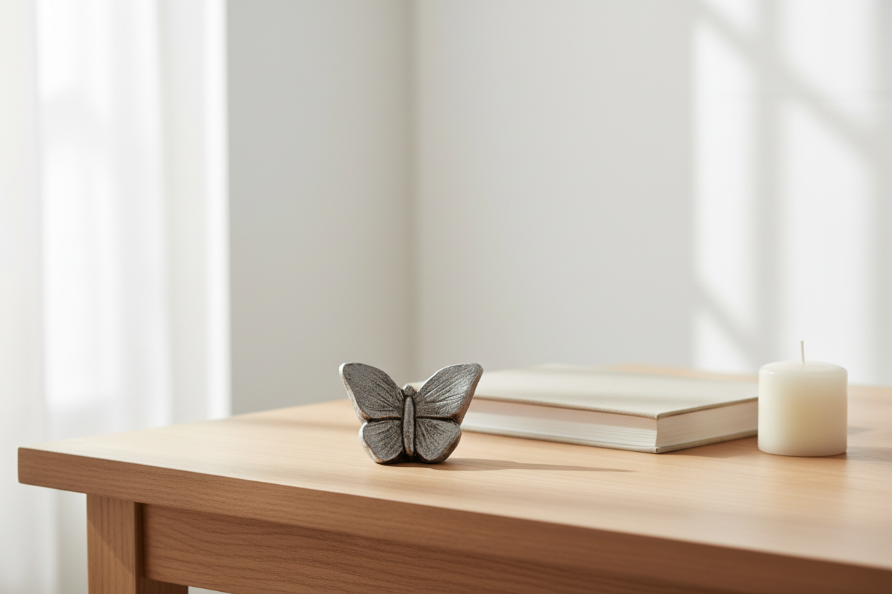 Keramik Miniurne silberfarben Mariposa mit Schmetterlingsdetails