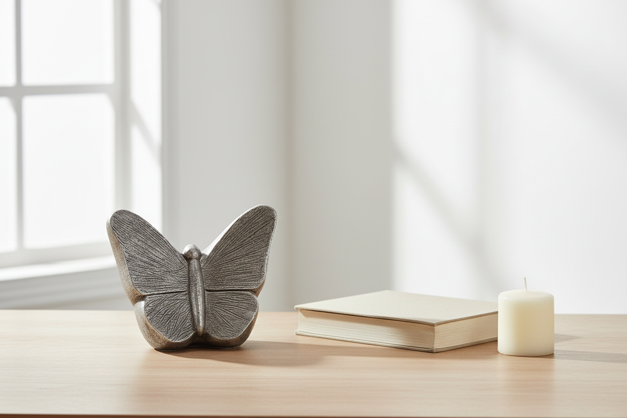 Keramik Urne silberfarben Mariposa mit Schmetterling