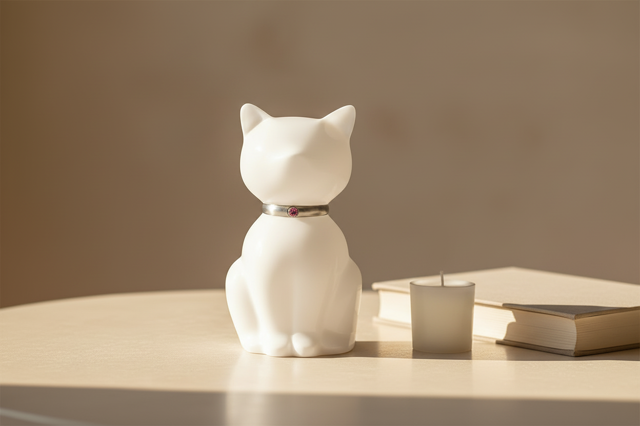 Metall Tierurne weiß Nuna glänzend Katzenform