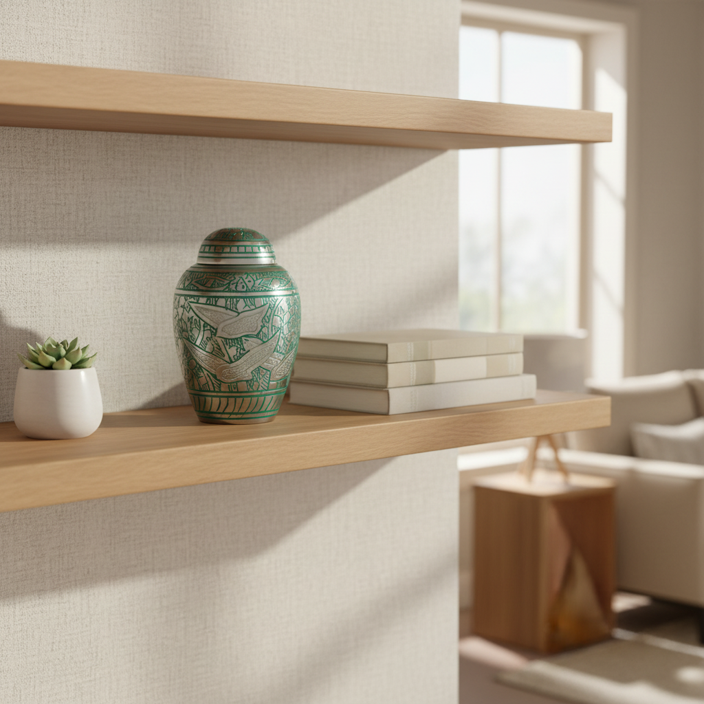 Metall Miniurne silbergrün mit Vogelmotiv