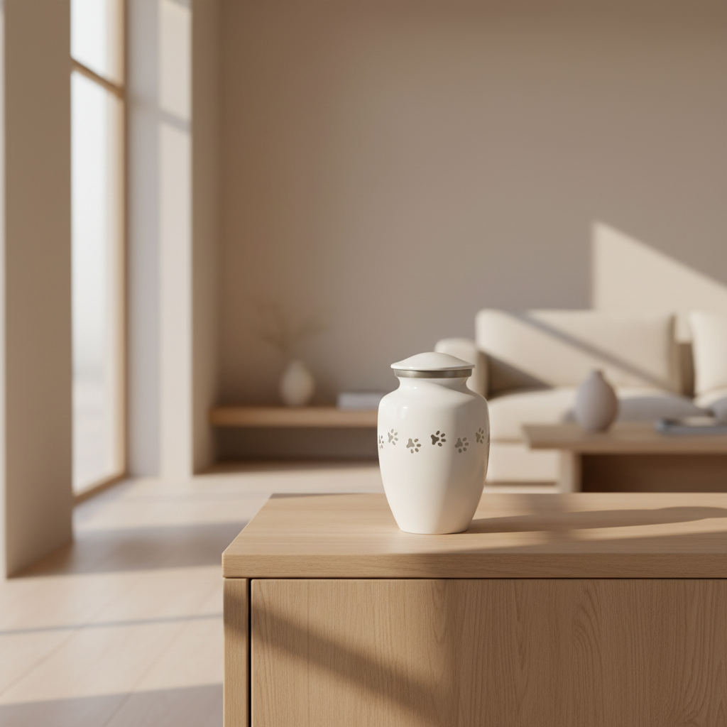 Metall Tierurne weißsilberfarben mit Pfotenmotiv glänzend