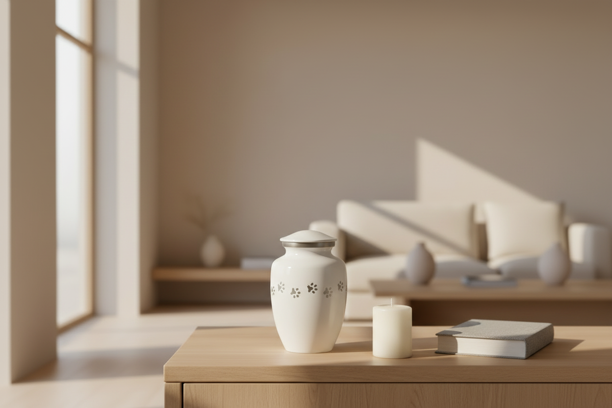 Metall Tierurne weißsilberfarben mit Pfotenmotiv glänzend