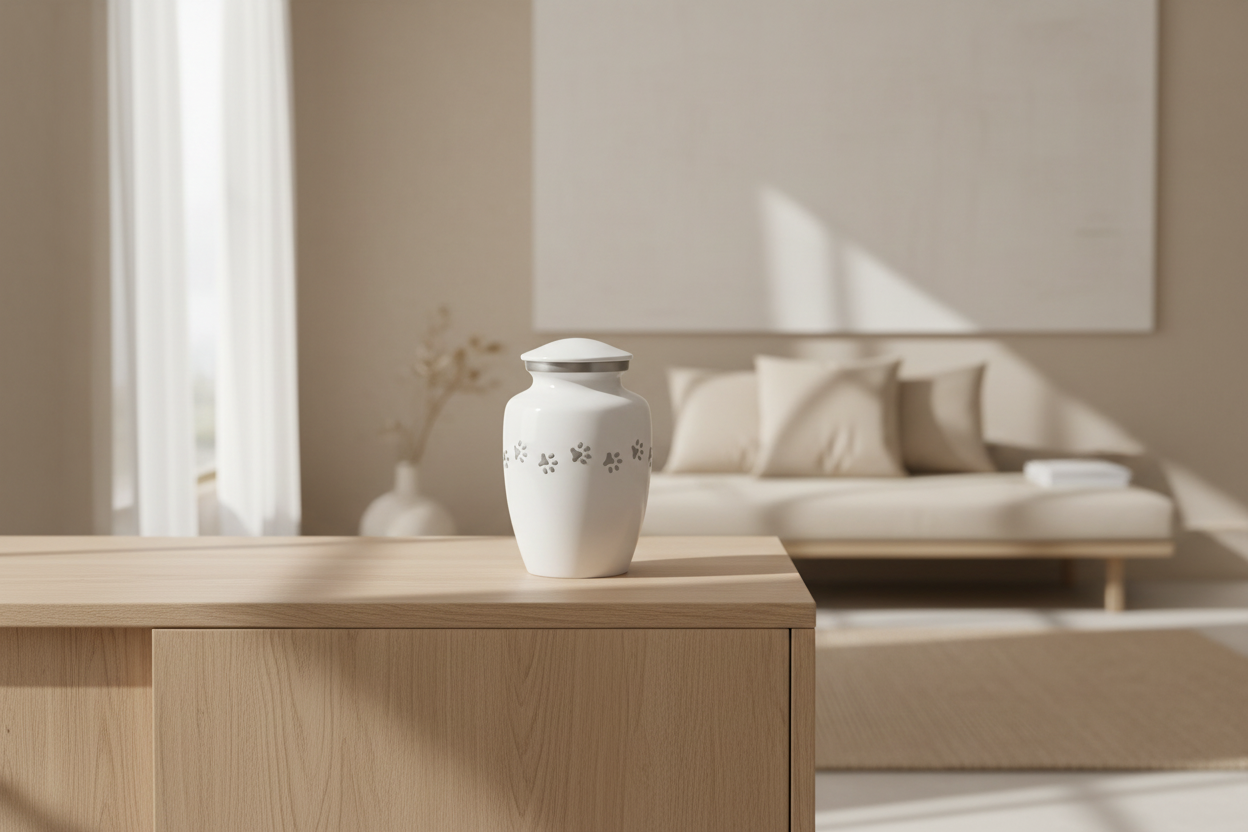 Metallische Tierurne in Weiß und Silber mit Pfotenmotiv mittel elegant