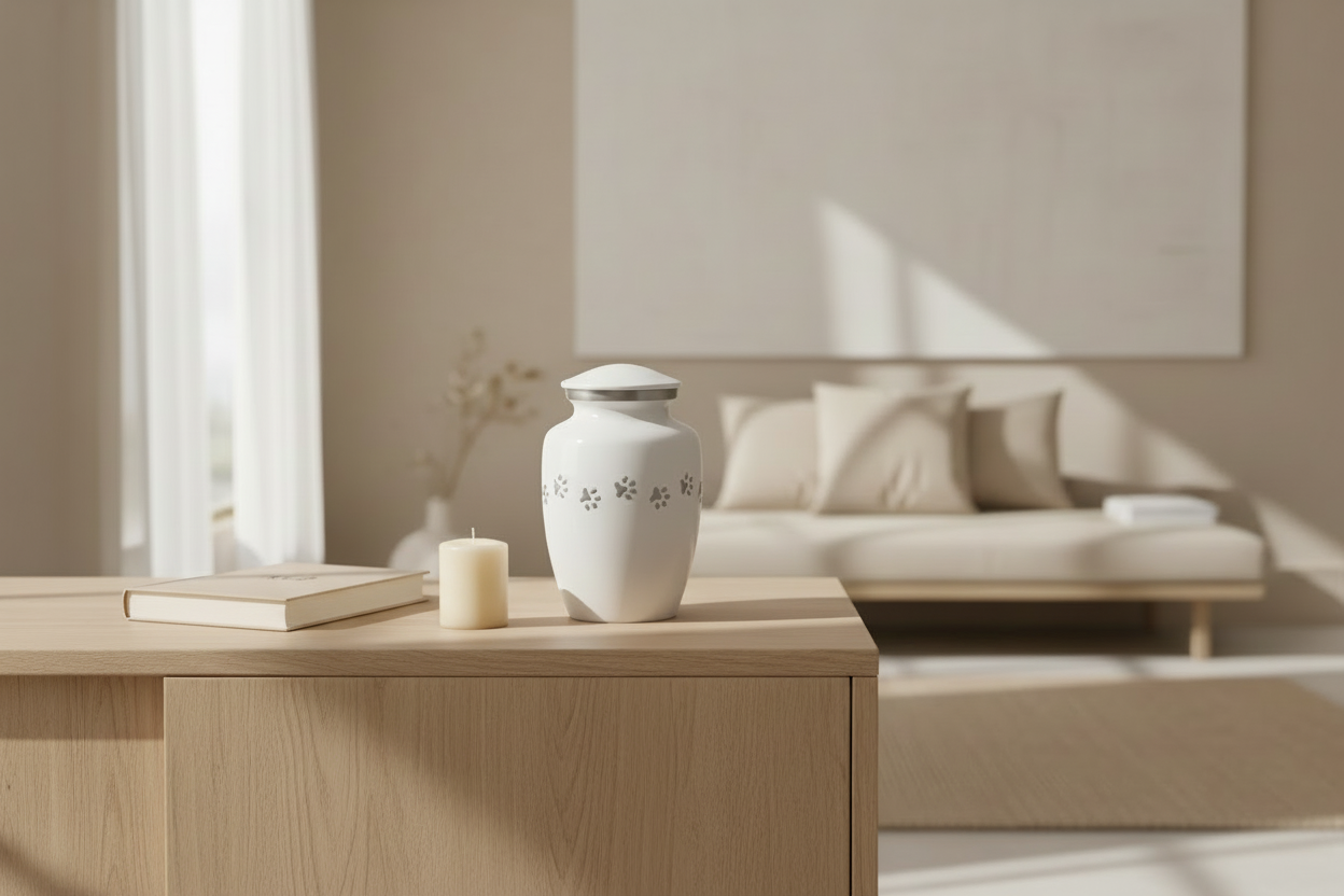 Metallische Tierurne in Weiß und Silber mit Pfotenmotiv mittel elegant