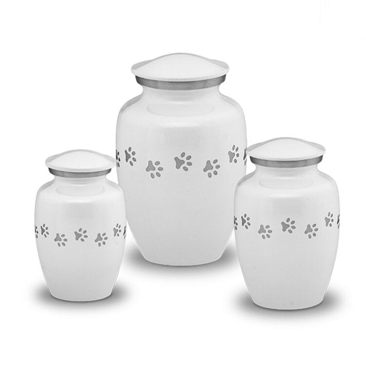Metaal urn wit en zilver met dierenpootjes medium elegant