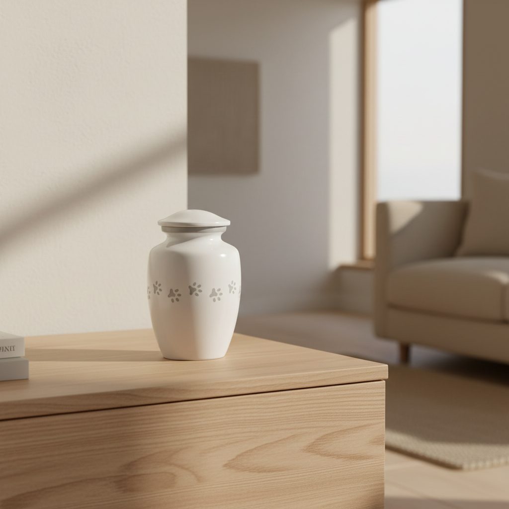 Metall Tierurne weiß mit silberfarbenem Pfotenmotiv klassisch