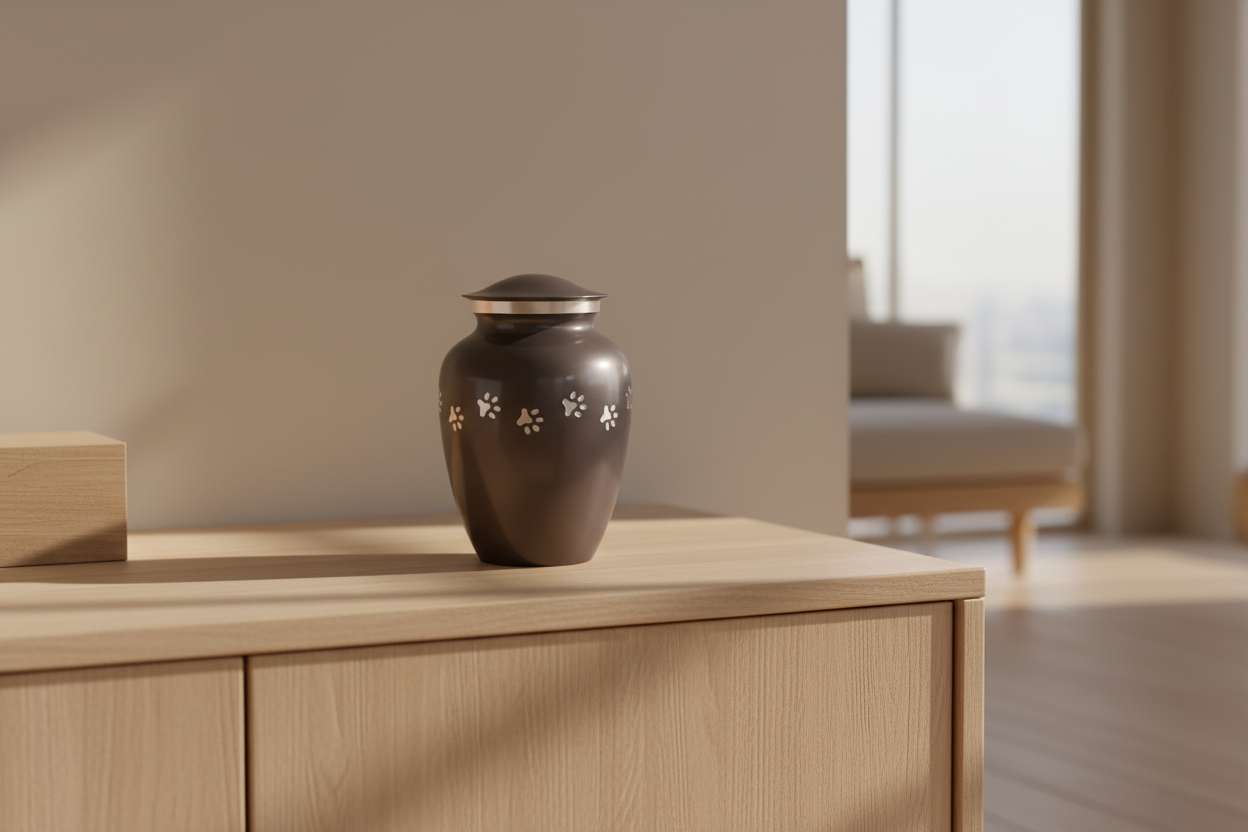 Metall Tierurne anthrazitgrau mit silberfarbenem Pfotenmotiv klassisch