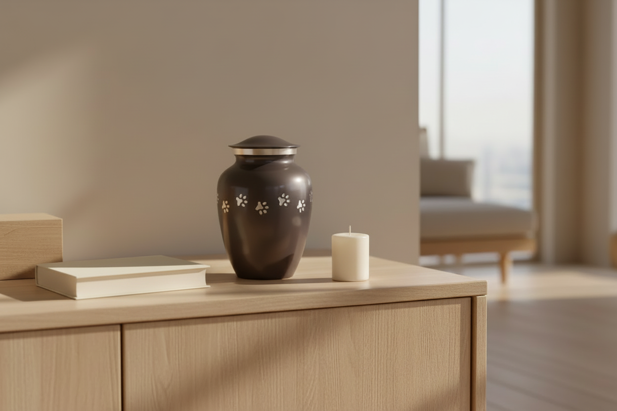 Metall Tierurne anthrazitgrau mit silberfarbenem Pfotenmotiv klassisch