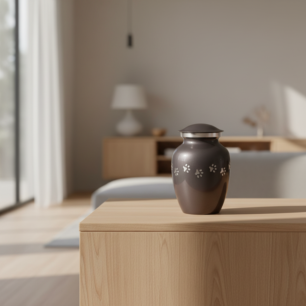 Metall Tierurne anthrazitgrau mit silberfarbenem Pfotenmotiv stilvoll