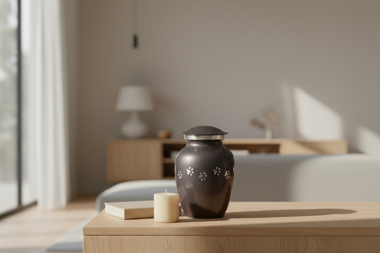 Metall Tierurne anthrazitgrau mit silberfarbenem Pfotenmotiv stilvoll