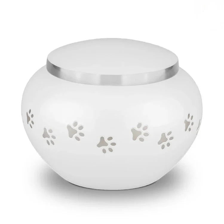 Metaal urn wit en zilver groot glanzend met dierenpootjes