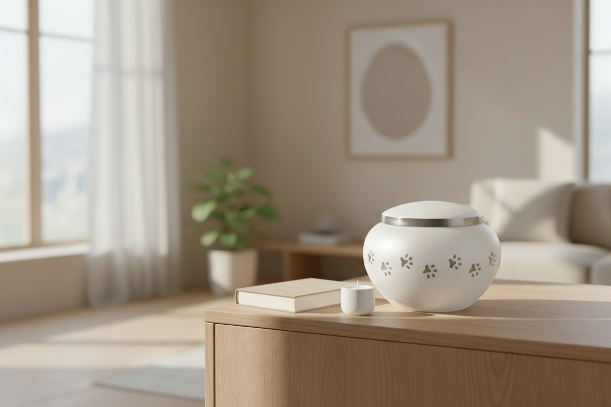 Metall Tierurne weiß mit silberfarbenem Pfotenmotiv glänzend