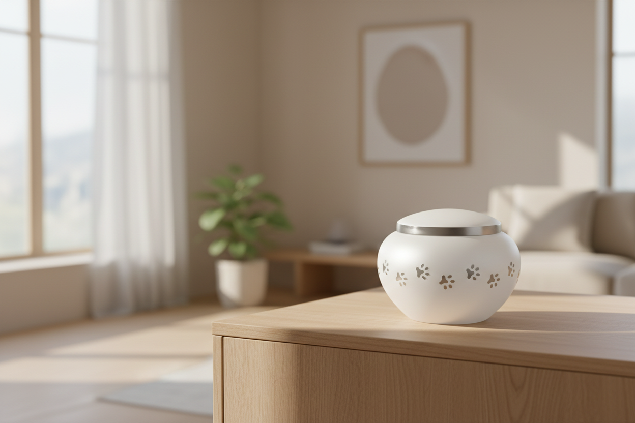 Metall Tierurne weiß mit silberfarbenem Pfotenmotiv glänzend