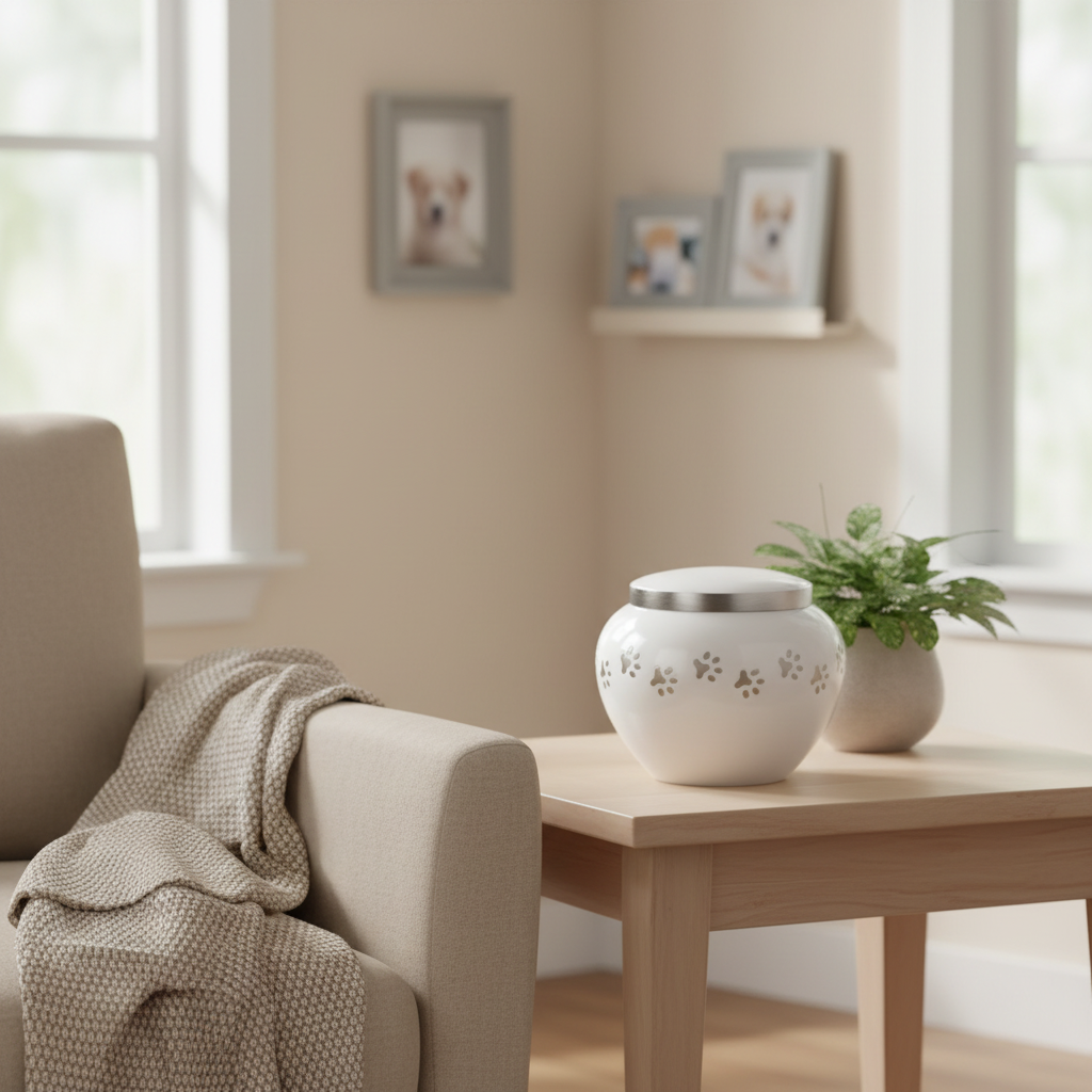 Metall Tierurne weiß mit silberfarbenem Pfotenmotiv glatt