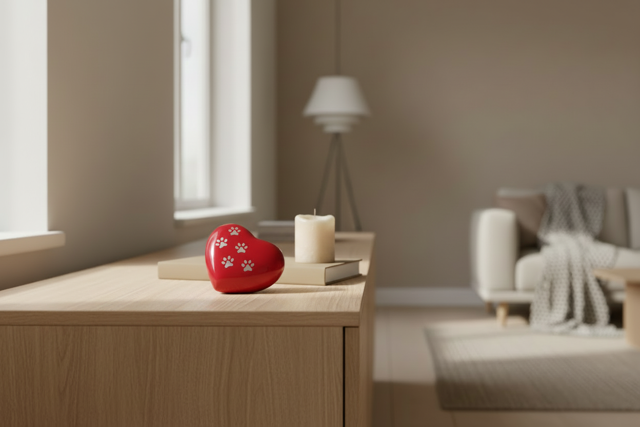 Metall Tierurne brillantrot in Herzform glänzend