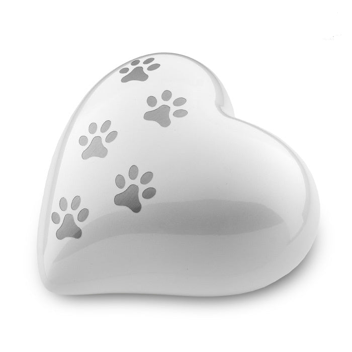 Metaal dierenurn hart groot wit en zilverkleur glanzend personaliseerbaar