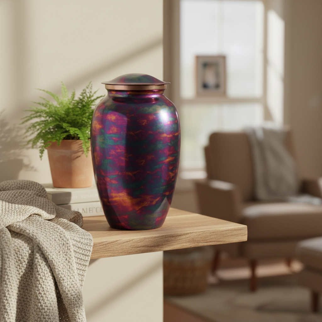 Metall Urne kupferfarben matt mit Rakumuster